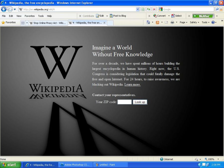 Wikipedia posts a blacked out homepage on Jan. 18. Several Websites protested the SOPA and PIPA bills which were suspended on Jan. 20. 