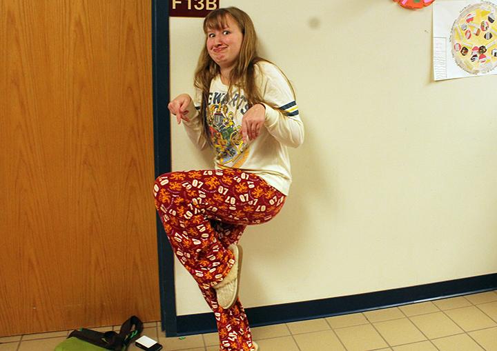 Junior Abby Schweikert participates in spirit week for pajama day on the first day back from break, Jan. 7.