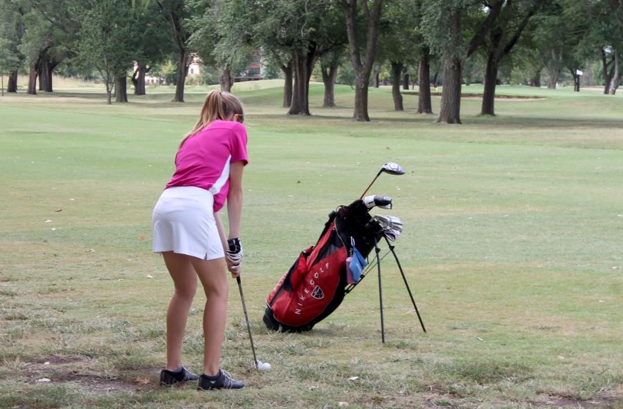 Sophmore Gabby Desjardins gets ready to swing at the Braeburn golf course on Tuesday.