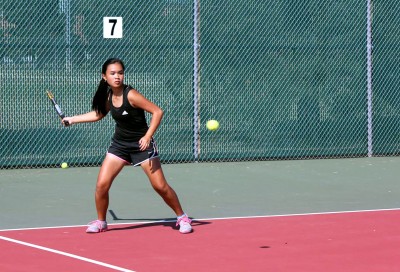 Ana Vo hits a forehand in her doubles match against Wichita Independent yesterday afternoon.