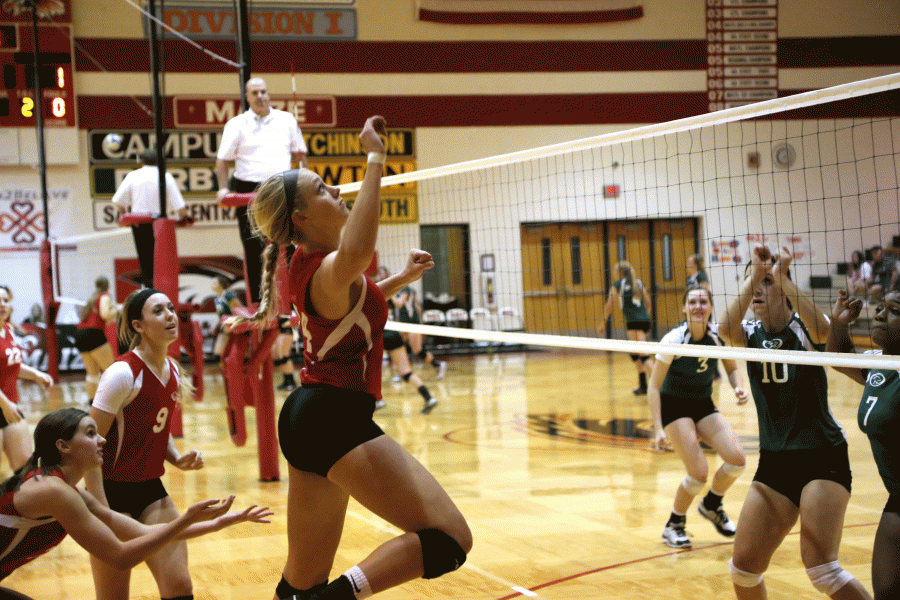Senior Saige Baalman goes up to hit the ball against Derby. Photo by Si Luc.