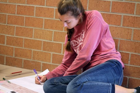 Junior Emma Shoemaker works on a house design in French one