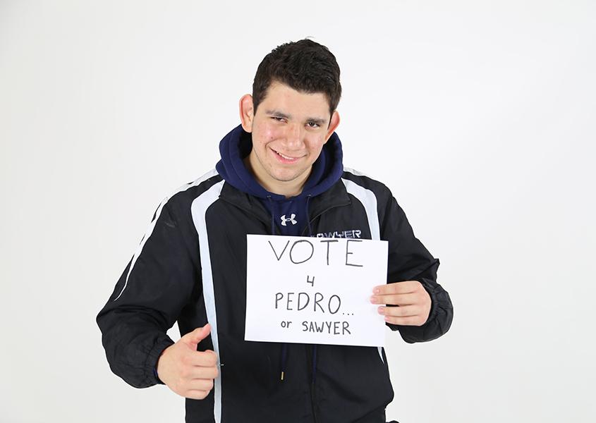 Senior Sawyer Barragan wants you to vote for Pedro for 2016 Prom King... or maybe him.  Photo by: Madi DeVore