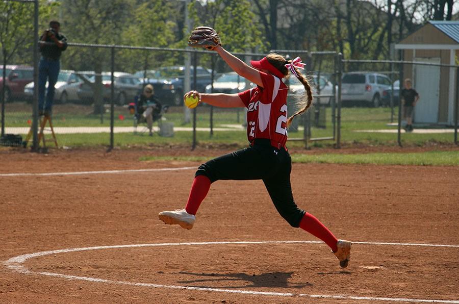 Sophomore Lauryn Ogden pitching during the first game. 