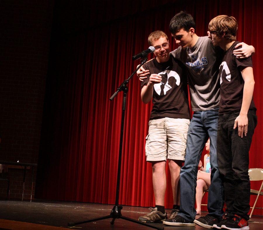 Keaton Donaghue, 9, Cale Thimmesh, 11, and Brandon Lies, 12, performing during the improv show. The improv show was held May 9 after school.