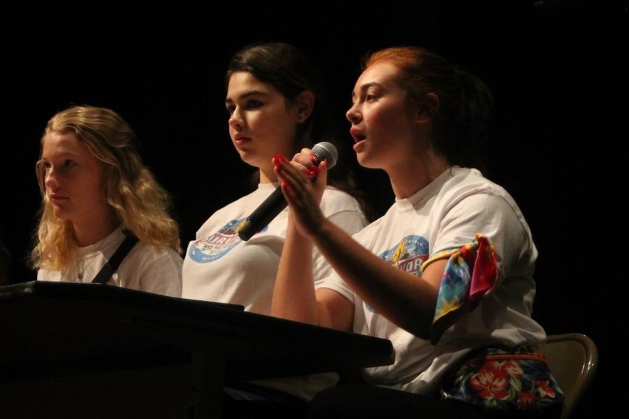 Seniors Megan Paul, left, Maddie Gillispie, middle, and Madi DeVore, right, give the freshmen some insight and advice for surviving high school. They were part of a panel with three other upperclassmen. 