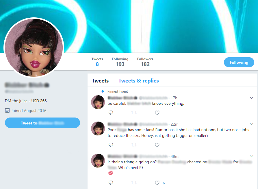 A screenshot of the Twitter page that recently popped up in peoples Twitter feeds. The page is private and continues to post rumors and condescending tweets.