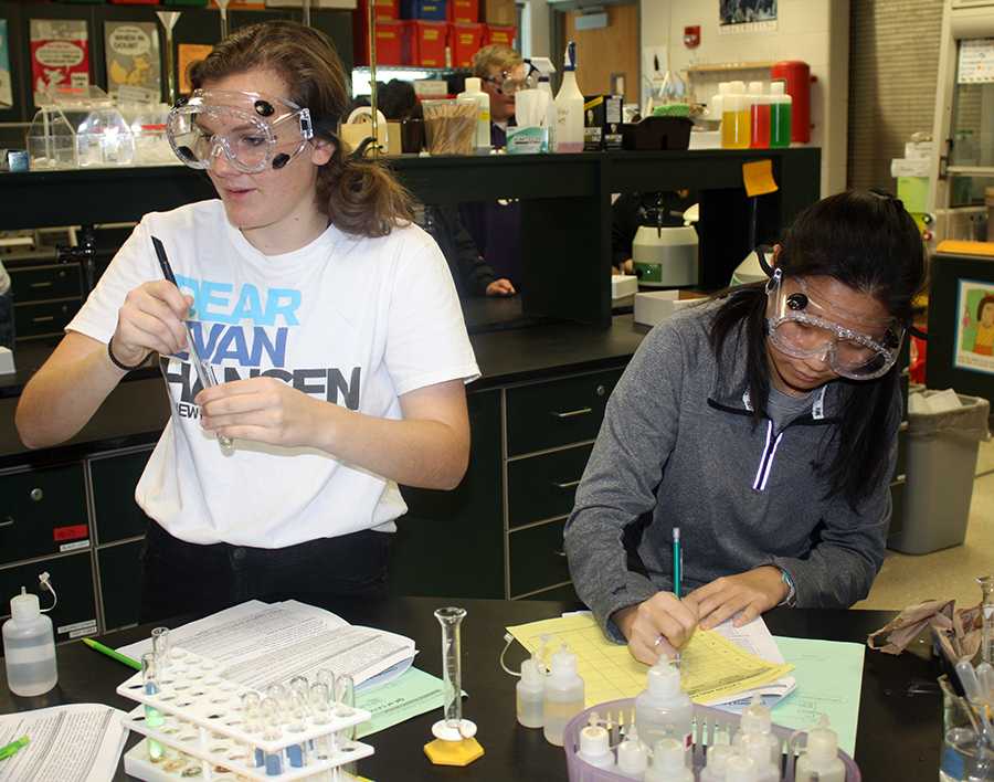 Students, Brooke Merriman and Thao-Nhu Troung , Both 10, working on their lab final in Chem. The class takes a lab final as well as a written final. Photo by F. Henry