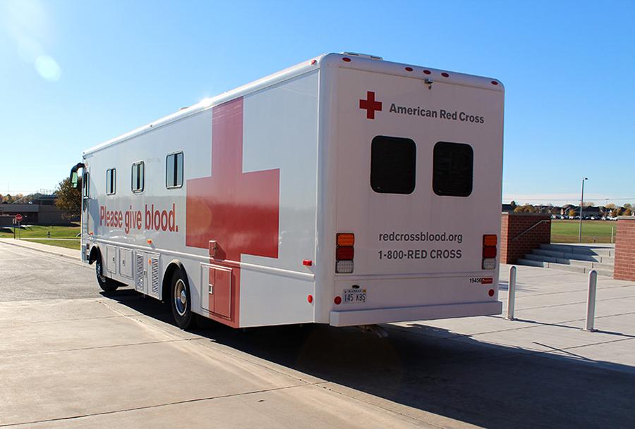 The blood drive truck parked outside of South. Students go at specific times to give their blood. Photo by S. Baylock