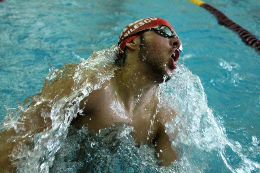 Junior Nicholas Vasilescu comes up for air while racing in the 200 yard medley relay.  He was the first Maize boy in the water for this relay match.
