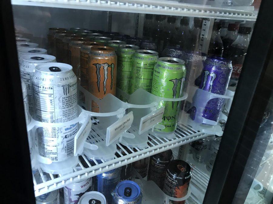 Energy drinks are one of the many drinks sold at the school store.