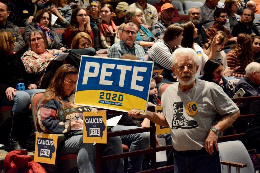Pete+Buttieg+supporters+cheer+at+the+Iowa+rally+in+early+February.+Buttieg+is+the+current+front-runner+for+the+party.