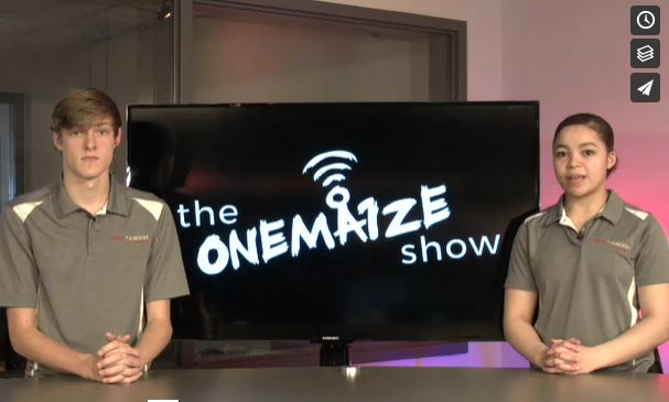 Junior Kyla Frenchers and senior Nate Moore prepare to introduce their next piece for Episode 6 of TheOneMa1ze Show.