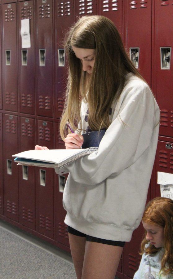 Olivia Stauffer participates in her sophomore math class scavenger hunt during her first block to prepare for an upcoming Term 3 final in Mr. Shellys math class in E-Hall.