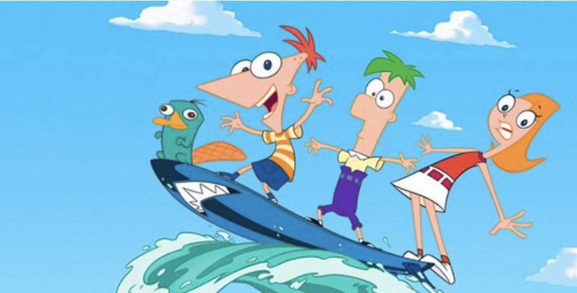 Perry the Platypus, Phineas, Ferb and Candace ride a surf board during one of their summer adventures. Phineas and Candance are siblings, while Ferb is their step-brother from their dads side. 