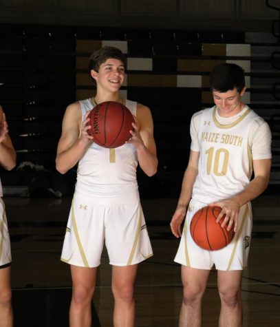 Basketball players, (from left to right) Parker Scott and Tysaac Noland, pose for their Seamless Productions sports hype video in December of 2019. OneMa1ze Broadcasting was unable to produce hype videos this school year to due limitations with student travel, equipment and being full remote.