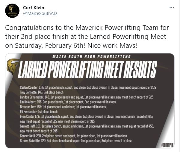 Maize South powerlifting wins overall 2nd place at Larned Powerlifting Meet on Saturday, Feb 6. The team had several personal and meet records broken at the meet.