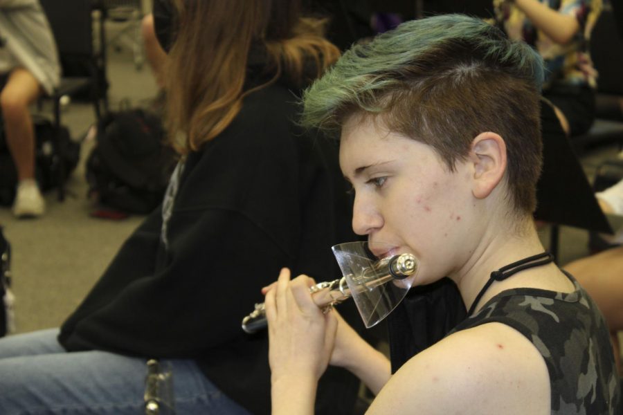 Rowan Singer (11) plays  the flute while leading the flute section as the section leader during 1st Block band warm-up on Tuesday, April 27. Rowan was given the birth name of Makenzy, but they now go by  the name of Rowan.