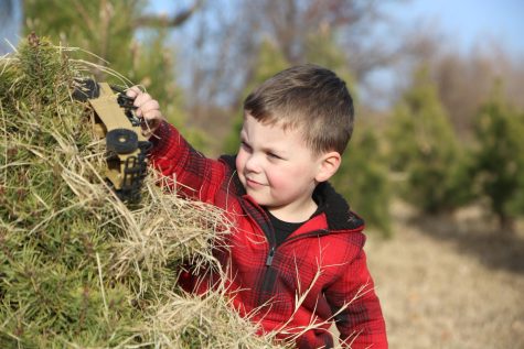 Zachary Johnson decorates a Christmas tree with grass and plays with his toy truck. His family travels from Newton to participate in the holiday activity. 