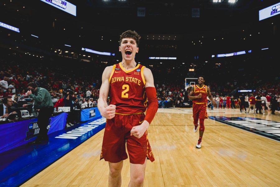 Caleb Grill, celebrating an NCAA Tournament victory, is a key player on the Iowa State mens basketball team that advanced to the Sweet 16. Grill, a 2019 MHS graduate, and the Cyclones will play the University of Miami on Friday in Chicago.  