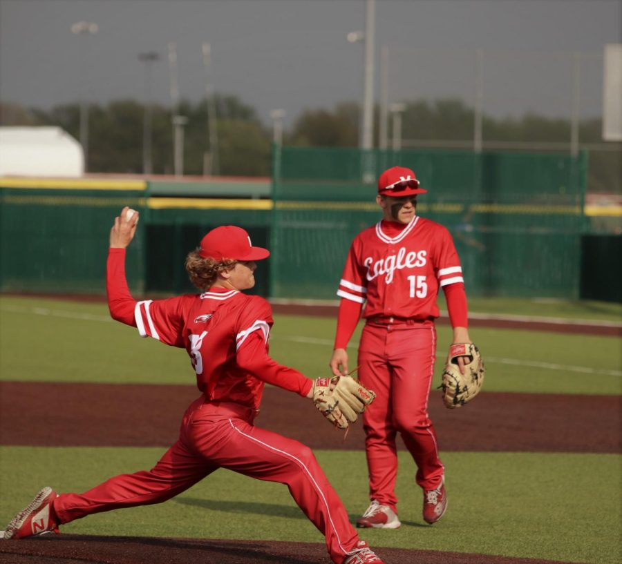 Maize High pitcher Easton Roth warms up before the 7th inning in the first game against the Derby Panthers. The Eagles are 8-1 to start the year.