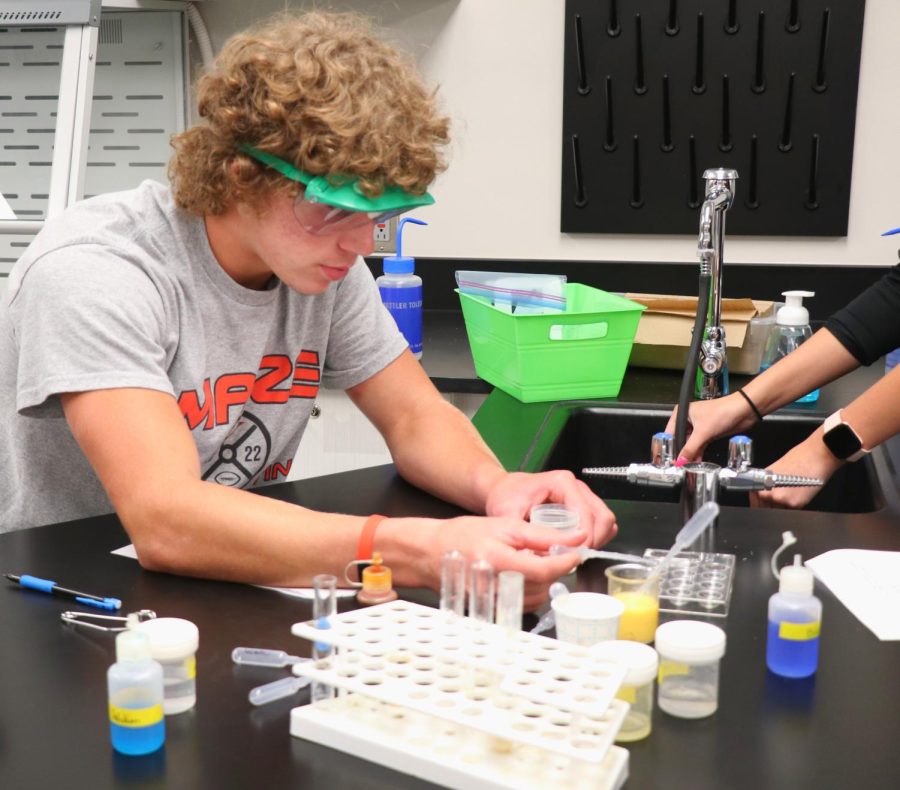 MHS Sophomore Kevin Watkins tests for macromolecules in his Honors Biology class. The goal of the lab is to identify macromolecules in an unknown substance.