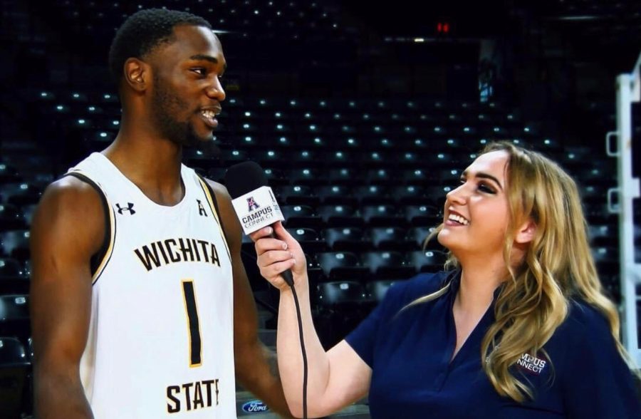 Funschelle+interviews+Wichita+State+Basketball+player+Markis+McDuffie+on+the+final+media+day+of+the+2018+season.+
