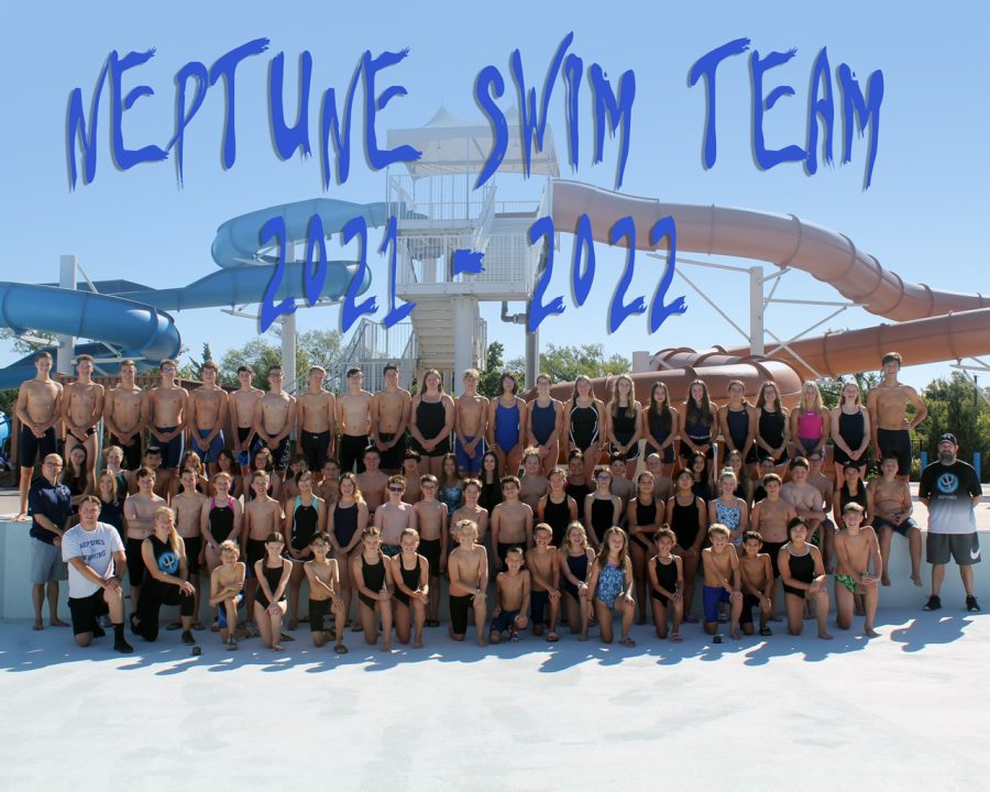 Coach Abigail Baden, Corbin Gardner and Nate Jensen stand around the newly merged Neptune swim team while posing for their first complete team photo since the Andover tornado. The team is composed of swimmers from Northwest, Andover, Bishop Carroll, Maize and even home-schooled kids.