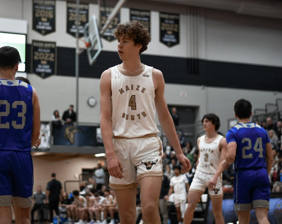 Junior Tory Homan walks to the free-throw line after being fouled in the second quarter. Maize South defeated the Goddard Lions in a blowout win, 63-30, on Tuesday night.