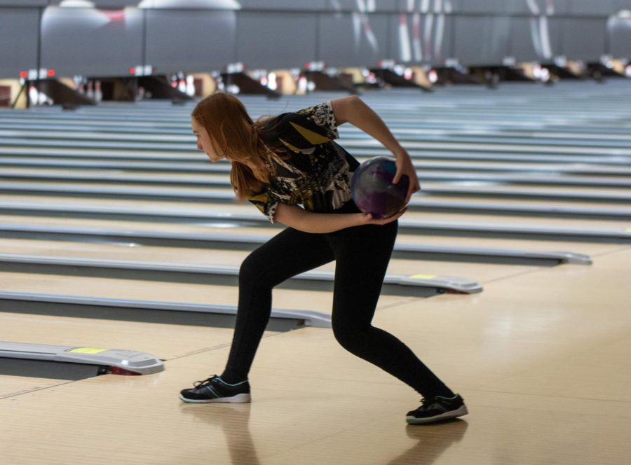 Two-hander Kaylee Boucher throws a shot down the lane and strikes. Boucher was a top ten bowler Friday and placed 8th overall with a 590 series. Maize Souths girls team placed sixth in the tournament.