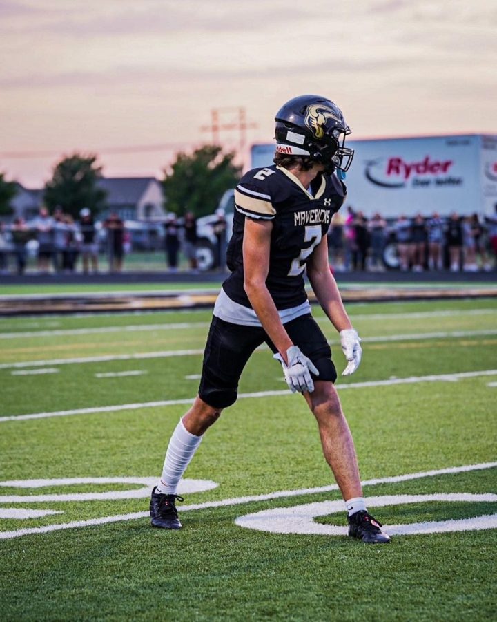Sammy Dresie lines up at receiver before he begins to run a route against  Maize on Friday, September 30th. He had 14 catches for 197 yards and 2 touchdowns this game and was an Honorable Mention 5A wide receiver this year as well. 

