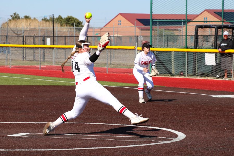 Freshman pitcher Joslynn Stiglitz pitches at the top of the third inning. The Maize Eagles later fall to the Valley Center Hornets, 19-4. 
