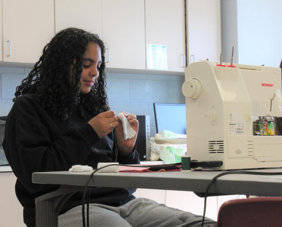 Freshman Shayla McMickel sews up a sailboat project during her intro sewing class with Mrs. Mans on Tuesday, Feb. 21. 