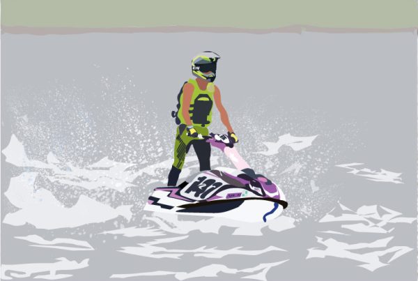 An illustration of Jaxon Loyd on one of his jeskis getting ready for a race.