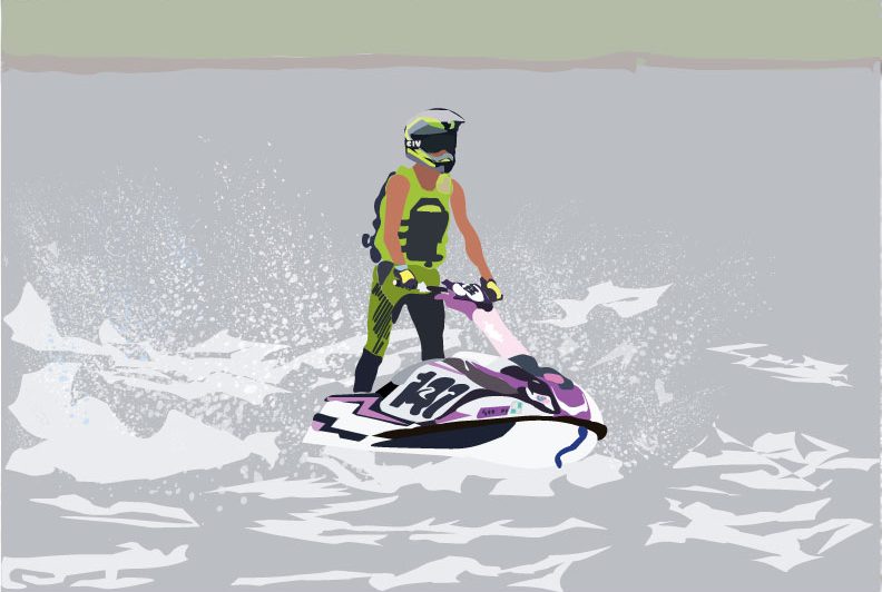 An illustration of Jaxon Loyd on one of his jeskis getting ready for a race.