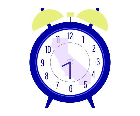 A simplistic graphic design of an alarm clock, with the outline of the state of California semi-visible on the clock's front side.